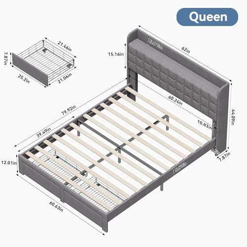 Image of Queen Size Storage Bed Frame, Square Tufted Headboard, Platform Bed with 2 Underbed Drawers at Foot, Wooden Slats Support, No Box Spring Needed, Dark Gray