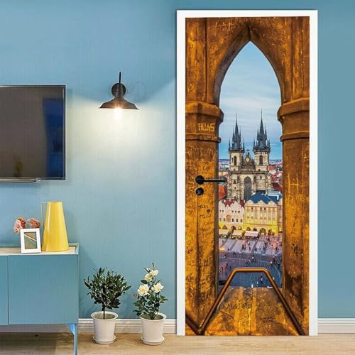 Pegatinas Puerta 3D Arquitectura Vintage Pegatinas para Puertas de Paisaje Urbano Vinilo Decorativo Pegatina Pared Mural para Puerta Autoadhesivas Papel Pintado Puerta 100x200 cm B-4465