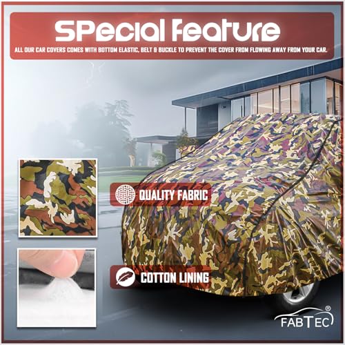 Image of FABTEC Car Body Cover for Kia Carens Jungle Print with Soft Cotton Lining Waterproof Car Cover UV & Rain Protection with Mirror Pocket Bottom Elastic (Military /Camouflage Pattern)
