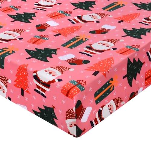 Image of Christmas Crib Sheet, Baby Fitted Crib Sheet with Santa Claus, Christmas Trees, Gifts, Measuring 52 inch x 28 inch to fit Standard Crib and Toddler Mattresses, Pink