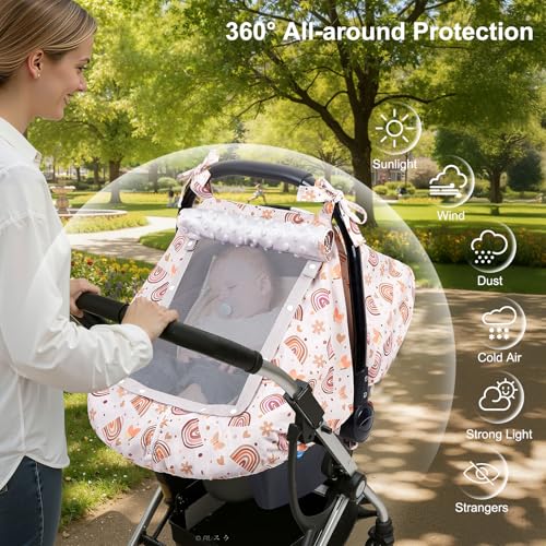 Image of FIOBEE Baby Car Seat Cover, Car Seat Covers for Babies Infant Car Seat Canopy with Breathable Mesh Window Waterproof Carseat Cover for Babies Boy Girl 4 Seasons, Brown Rainbow