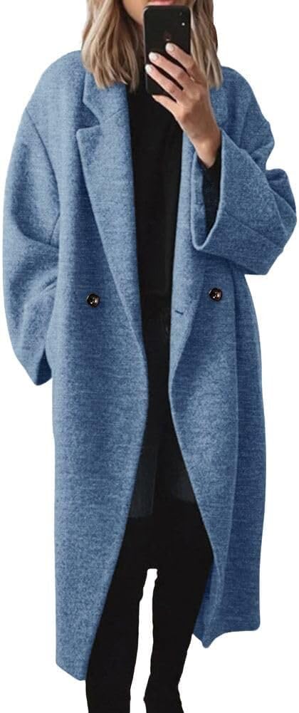 Womens Winter Pea Coat Notch Lapel Double Breasted Wool Blend Oversized Overcoat with Pockets-image-36