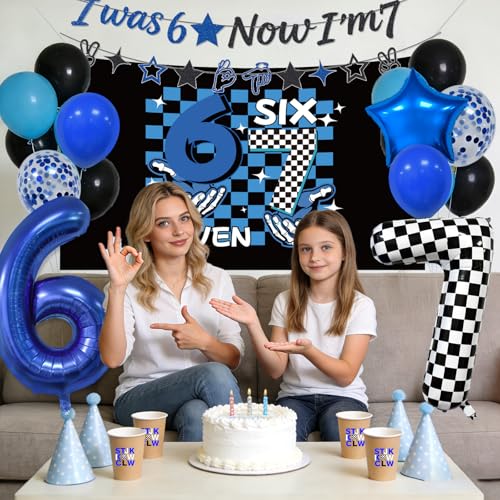 Image of 6 7 Birthday Decorations Six Seven Theme Birthday Party Decor Happy Birthday Decoration Funny 6 7 Meme Party Supply with I was 6 Now I'm 7 Banner 6 7 Balloon Blue Black and Checkered Balloons