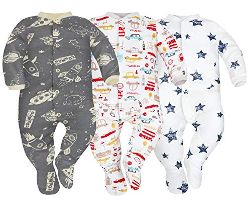 Sibinulo Nino Nina Pijama Bebé Pelele de Algodón Pack de 3 Autos Cosmos y Estrellas 56(0-3 Meses)