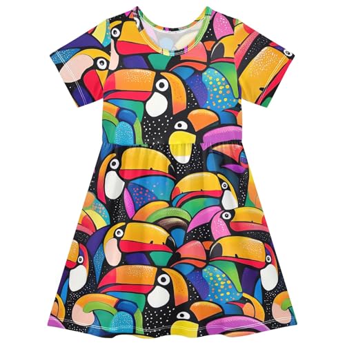 CHIFIGNO Abstract Toucans Dress for Girls Short Sleeve Crewneck Casual Sundress Toddler Girl Summer Clothes