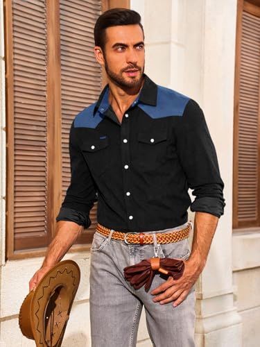 Image of Yousify Mens Western Cowboy Shirt Retro Corduroy Shirts with Pockets | Long Sleeve, Button Down, Vintage Snap Shirt, Country Shacket Jackets