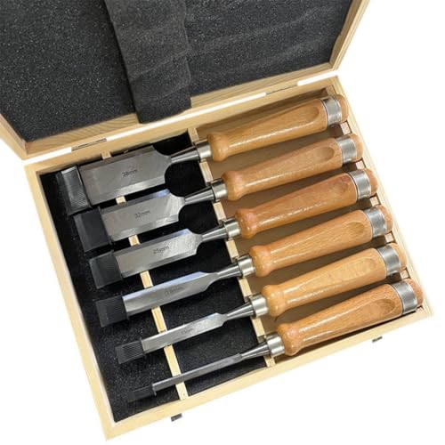 EnergyLion 木工DIY用 ノミツール ブラックウォールナット専門セットには両面砥石修正ストーンビットが含まれています 無垢材用ノミ 高耐久平ノミ 優れた切れ味 プロ仕様の木工ツールセット初心者と専門家に最適 木彫り 穴あけ (ブナ材柄ノミ(大)6