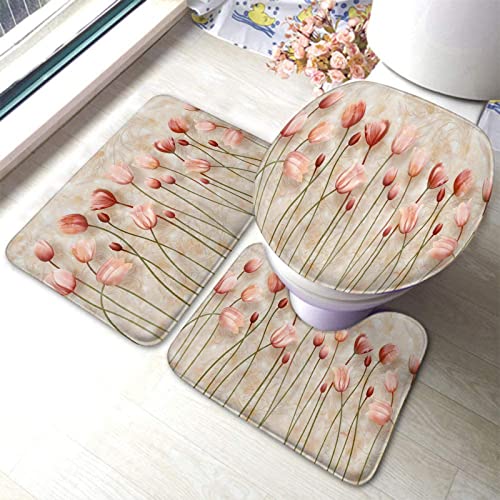 Badezimmerteppich-Set, 3-teilig, rosafarbener Tulpen-Achat-Marmor-Hintergrund, luxuriöser, waschbarer Badvorleger, rutschfest, mit Rückenpolster, Konturteppich und Toilettendeckelbezug