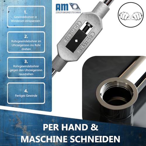 AM-Zerspanungstechnik Rohrgewindebohrer G1/8 | Gewindeschneider Zoll | HSS Rohrgewindeschneider | Whitworth Rohrgewinde G | Einschnitt Gewindebohrer Zoll Gewinde - G (BSP) 1/8