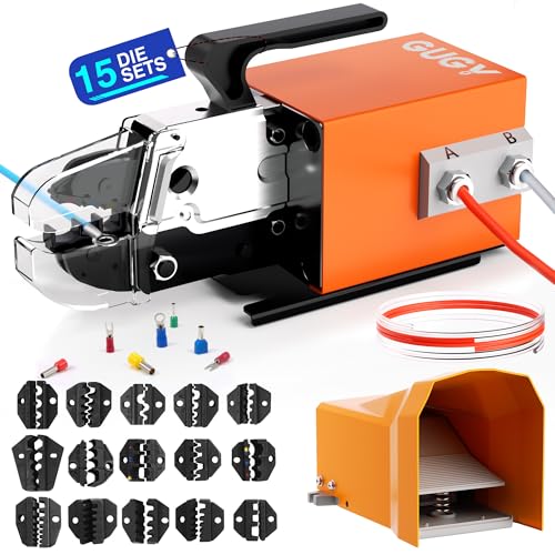 Image of GUGY Pneumatic Crimping Tool Am-10 | Air Powered Wire Terminal Crimper Plier Machine Orange | 15 Die Sets | 1.3T Powerful Output | 0.5-0.7Mpa Max 1.0Mpa | 6 Feet Air Hose | Fit 0.5-16mm² Terminals