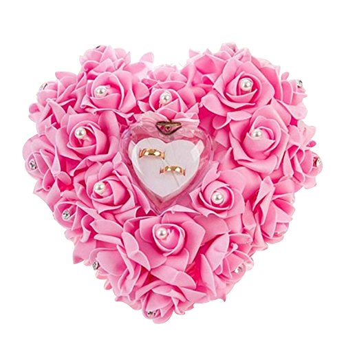 Mystery&Melody Romantische herzförmige weiße Rose Kissen Hochzeit Ehering Box Ringkissen mit eleganten Blumen Kissen Satin Ring (Pink)