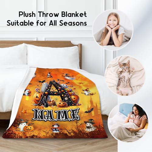 Halloween Blanket - Personalized Pumpkin Blankets Gifts for Kids - Fuzzy Comfy Flannel Initial Throw for Sofa Couch Bed