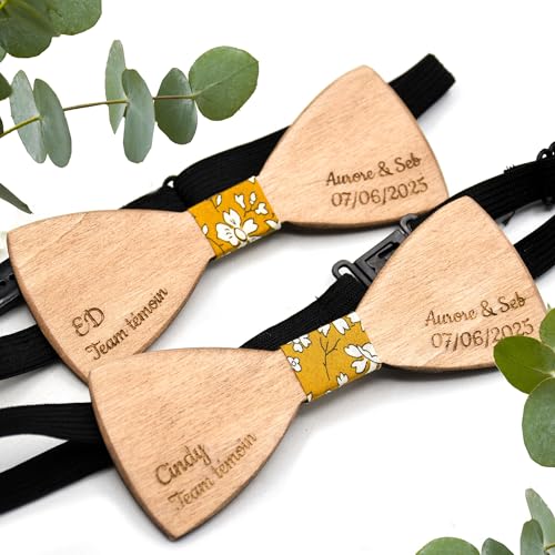Lot de 2 noeuds papillon en bois témoin personnalisé, bois de peuplier, nom des mariés, initiales, date, mariage champêtre, création unique, noeud papillon bois gravé, fait main en France