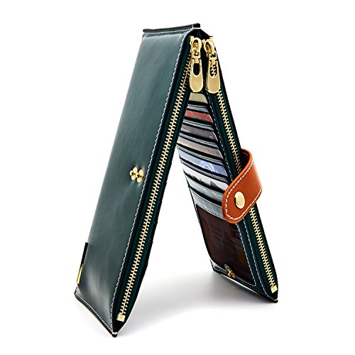 ANDOILT Women's Genuine Leather Wallet RFID Blocking Credit Card Holder Zipper Purse Cell Phone Handbag One Size Green & Brown Closure