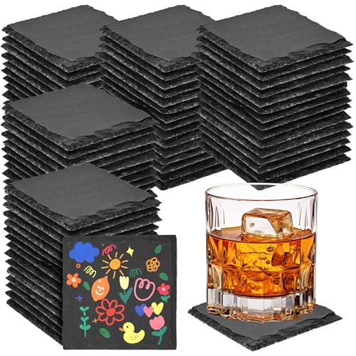 ohbien 84 Stück Schiefer Untersetzer 10x10 cm Schwarze Steinuntersetzer Set für Gläser Schieferstein Getränkeuntersetzer für Kaffee Bar Küche Heimdekoration