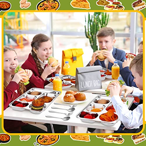8 Pack 304 Stainless Steel Divided Plates With 8 Spoons 8 Forks Rectangular Metal Dinner Eating Tray Bulk For Adults Kids Food Portion Control Camping Lunch School, 11.1 Inches (6 Compartment) #TOP5