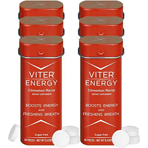 Viter Energy Caffeinated Mints - 40mg Caffeine, B Vitamins, Sugar Free Vegan Breath Mint. Powerful Energizing Boost. 2 Energy Mints Replace 1 Coffee, Gum, Chews, Gummies, Candy (Cinnamon, 6 Pack)