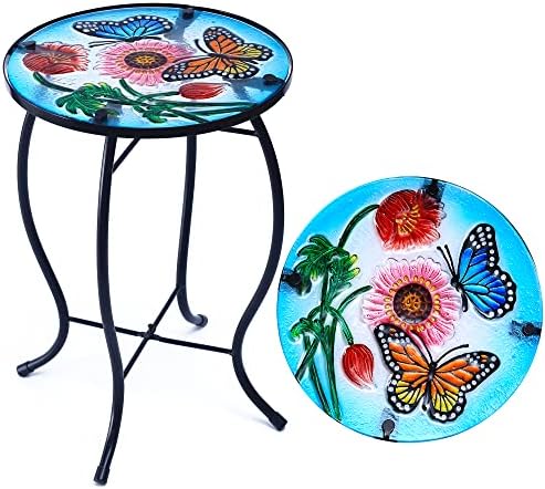 NewVees Butterfly Patio Side Table, Small Patio Outdoor Side Table, Plant Table,Metal Glass End Table for Porch Garden Yard Pool.