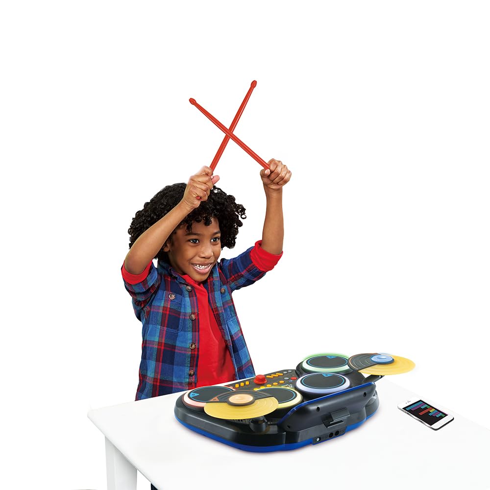 VTech Kidi DJ Drums, elektroniczny akumulator dla dzieci z podkładkami świecącymi, grami muzycznymi, trybem Bluetooth i wbudowanym mikrofonem, pałeczkami w zestawie, język włoski, baterie w zestawie,
