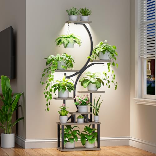 Image of Plant Stand with Grow Lights for Indoor Plants, 8-Tiered Tall Corner Plant Shelf with Full Spectrum Light, S-Shaped Space-Saving Narrow Flower Holder, Anti-Tip for Living Room Bedroom Office, Grey