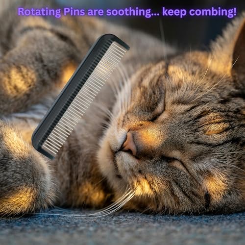 Image of Cat Comb with Silky Smooth Rotating Teeth - Clears Mats Gently and Easily (5 inch Ultra Fine Teeth; 7 inch Dual Teeth) (Black, 5 inch)
