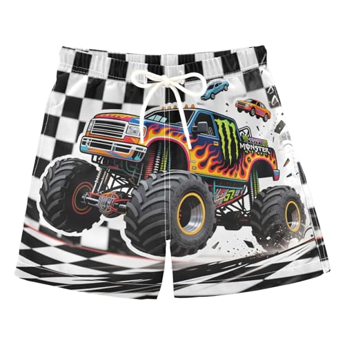 Boys Swim Trunks Chess Black White Buffalo Plaid Monster Truck Toddler Swim Shorts Beach Board Shorts Swimsuit