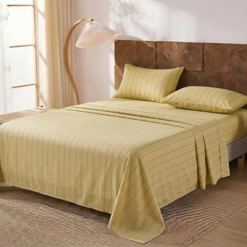 Image of Merryword Yellow Striped Sheet Set King Size - 100% Cotton Striped Bedding 4 Pieces, Soft Breathable Percale Weave, 17.5 inch Deep Pocket, Luxury Linen Like, All Season Comfort