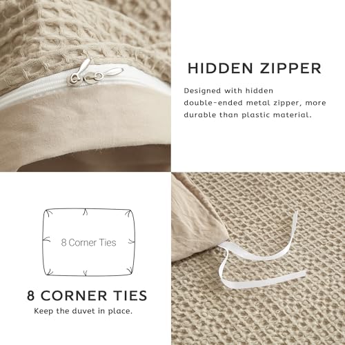 SE SOFTEXLY Waffle Duvet Cover King, 100% Cotton Waffle Weave Bedding Duvet Cover Set, Soft and Breathable Comforter Cover for All Season, 3 Pieces Including Pillow Shams(Khaki, 104”x90”)