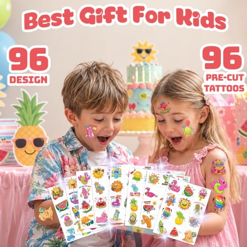 Image of 96 PCS Derpy Summer Temporary Tattoos for Kids | Funny Weird Tropical Waterproof Fake Tattoo Stickers, Silly Beach Birthday Party Favors, School Rewards Gifts for Boys Girls