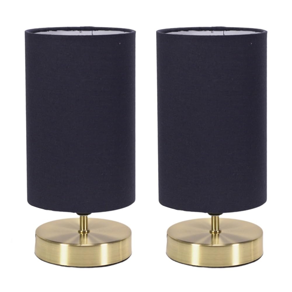 ValueLights | Brushed Gold Cylinder Touch Dimmer Table Lamp with Navy Blue Fabric Shade | Home Décor, Bedside & Desk Lamp