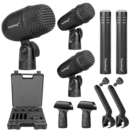 Depusheng 5 Piece Wired Drum mic kit with Kick bass mic, Tom/Snare