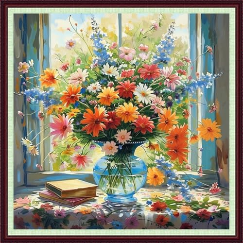 Image of Dooxvey Cross Stitch Kits for Adults Beginners,Full Range of Cross-Stitch Stamped Kits Needlepoint Kits for Beginners Embroidery Kits 11CT Cross Stitch Patterns-Window sill colorful flowers 18x18 inch