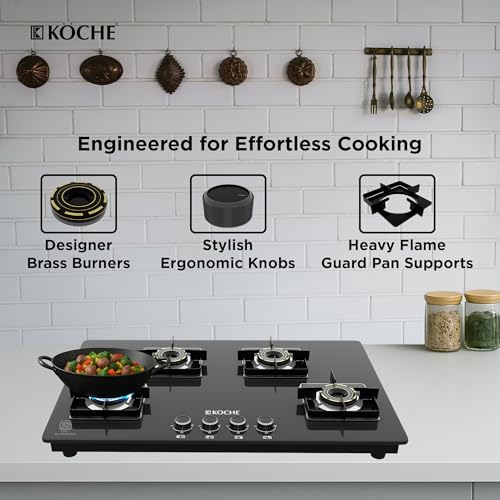 Image of KOCHE Ivan Hobtop 4 Burner gas stove | Multi-Pin Flame Designer Brass Burners, Auto Ignition, Premium Toughened Glass, High Thermal Efficiency, Ergonomic Control metal Knobs | 7-Year Warranty