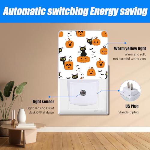 Image of Black Cat Sit on Pumpkin Night Light,Halloween Nightlight Plug into Wall,LED Lamp,Suitable for Bedrooms,Kitchens,Toilets,Etc.Auto Sensor Dusk to Dawn,Energy-Saving