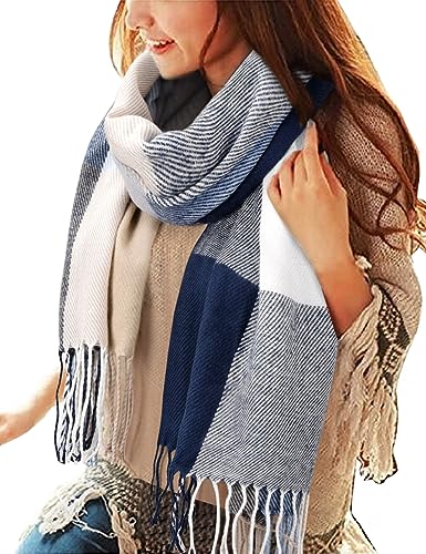 Tuopuda Damen Plaid Dreieckschal Winter, Pashmina Schal Weiche Quaste Wickeltuch Weihnachtsgeschenke Für Adventskalender, Blau + Weiß,...