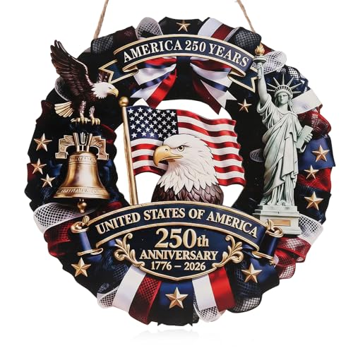Spiritlele 250th Anniversary USA Door Sign Patriotic Wreath 4th of July Hanging Plaque 250 Years Indoor Decoration for Front Door Home Office Celebration Gift
