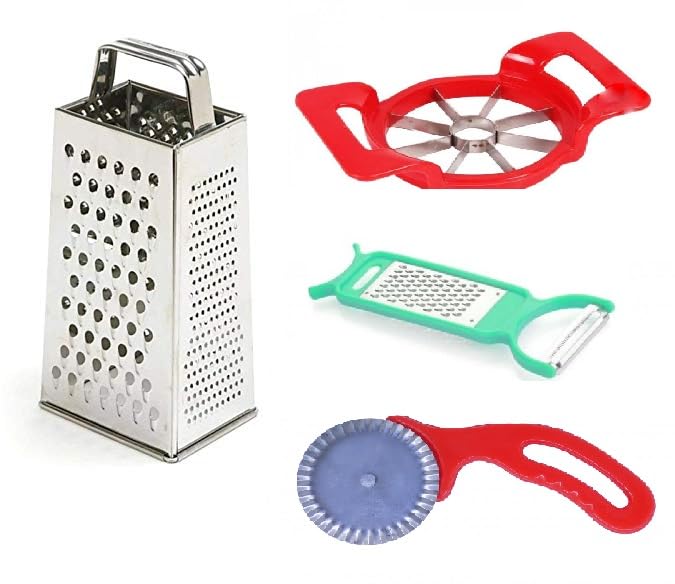 Stainless Steel Curly Blade Handy Pizza Cutter,Apple Cutter, l Slicer and Grater, 2 in 1 Grater Cum Peeler Steel for Cheese and Vegetables for Kitchen Set of 4
