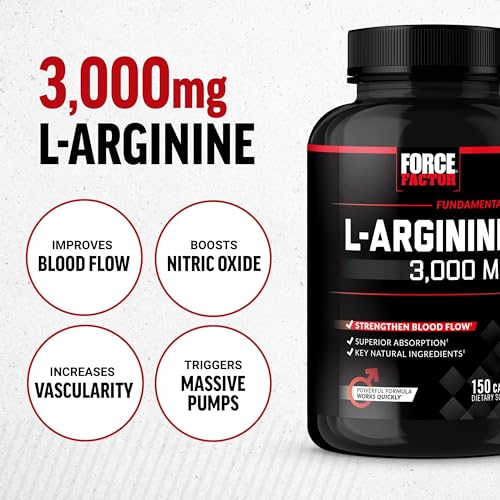 Image of Force Factor L-Arginine 3000mg, Nitric Oxide Supplement, 150 Capsules | Support Stronger Blood Flow, Circulation, Nutrient Delivery & Pumps, L-Arginine with BioPerine for Superior Absorption