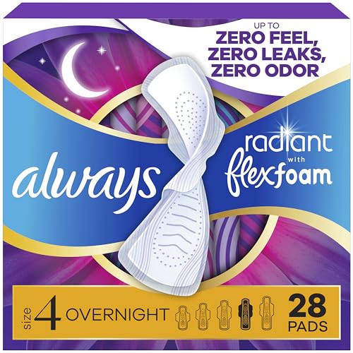 Image of Always Radiant Feminine Pads for Women, Flexfoam Pads with Wings, Size 4, Overnight Absorbency, Lightly Scented, 28 Count