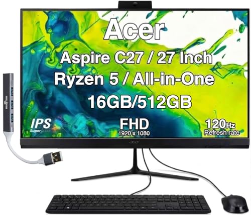 Image of Acer Aspire C27 All-in-One Desktop, 27 inch IPS FHD, Ryzen 5 7430U | 16GB DDR5, 512GB PCIe SSD, Wireless Keyboard and Mouse, Wi-Fi 6E, Bluetooth 5.3, Webcam, Windows 11 Pro /w USB Hub