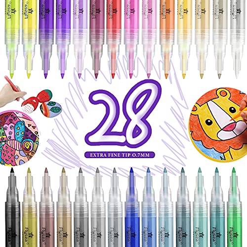 Rotuladores acrílicos para piedras, resistentes al agua, 28 colores, rotuladores permanentes, rotuladores de porcelana, aptos para lavavajillas, para madera, piedras de 0.7 mm, lienzo, metal Cover