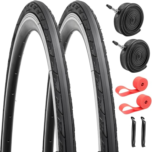 Pair 700 x 25c Road Racing Bike Tyres Foldable Replacement 700C Tyres 25-622 with Presta Valve 48mm Butyl Inner Tubes and Rim Strips for Road Bicycle Touring Bicycle Bike