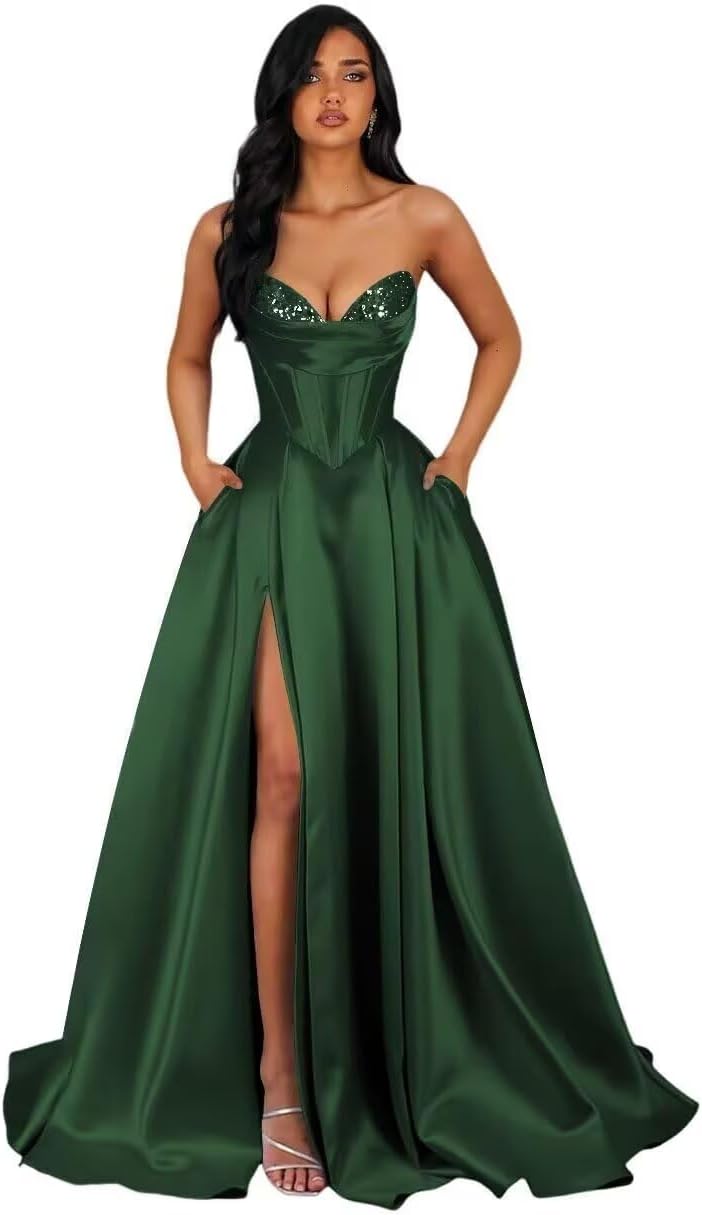 Strapless Satin A Line Prom Dress 2026 Sequin Ball Gown Long Sweetheart Formal Evening Gown for Women
