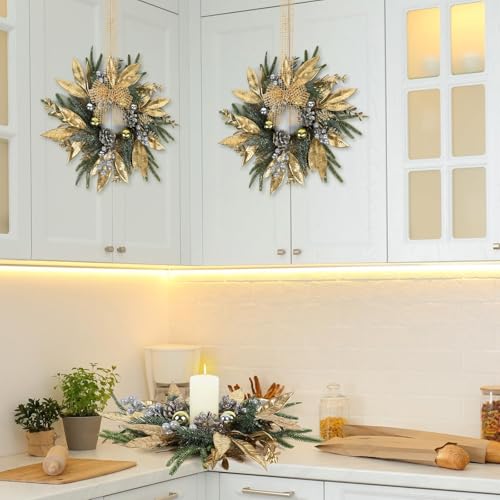Image of 6 Pcs Christmas Candle Rings Wreaths Artificial Pine Wreaths with Christmas Balls Golden Twigs and Silver Berries Candle Ring Holder for Xmas Winter Indoor Centerpiece Table Decorations