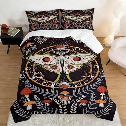 Image of Black Gothic Moth Comforter Set Full Size Boho Dead Moon Bedding Sets for Girls Boys Kids Adults Bedroom Decor Vintage Mushroom Quilt 1 Comforter 2 Pillowcases