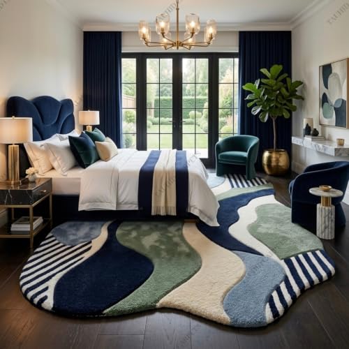 Image of Tauhid Carpet Super Soft Microfiber Shaggy Area Rug | Modern Irregular Abstract Blue, Green & White Plush Carpet | Fluffy Floor Rug for Living Room, Bedroom 6 x 8 Feet.