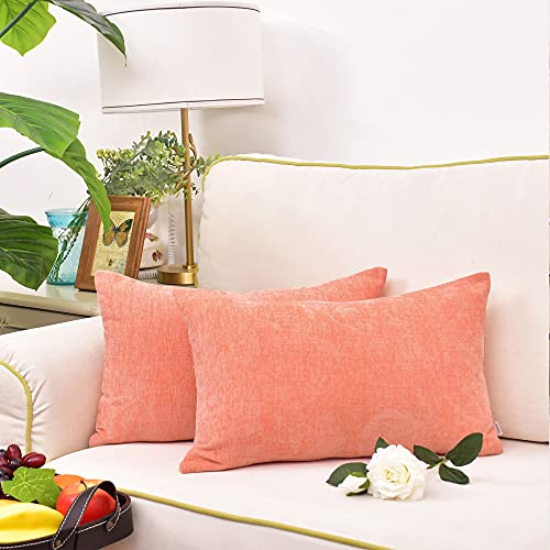 Image of CaliTime Pack of 2 Cozy Bolster Pillow Covers Cases for Couch Sofa Home Decoration Solid Dyed Soft Chenille 12 X 20 Inches Cantaloupe