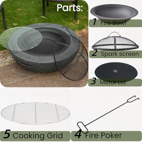 Image of Outdoor Concrete Round Fire Pit,Large Wood Burning Firepit-35 Black | FirePits for Outside ,MGO Cement Material, Barbecue Large grill net,Family S'mores Fun,for Patio Garden Backyard Gatherings