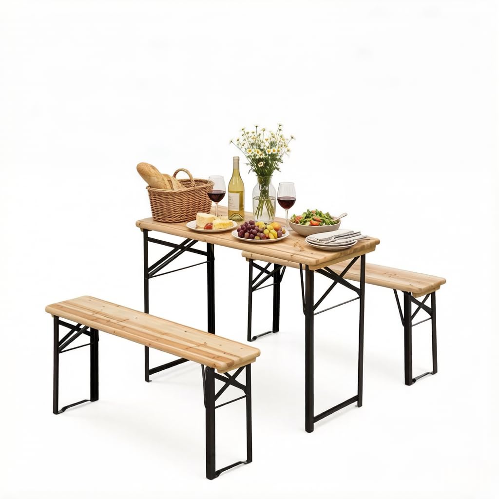 Zestaw mebli ogrodowych, składany stół kempingowy z 2 ławkami | Zestaw do namiotu piwnego składany, drewno + metal, 120 x 50 x 76 cm, 220 kg. Zestaw stołowy piwny na kemping