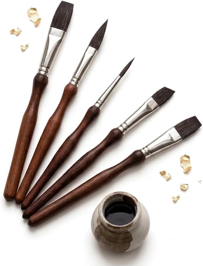 Detail Paint Brush Set, 5 Pcs Synthetic Squirrel Hair, Script Liner, Scroll, Sword, Dagger, Striper, Wood Handle